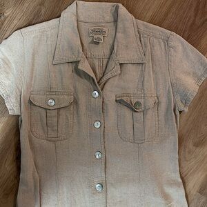 Vintage Rayon Linen Buttondown Tan Everyday Dress Top Pockets 12